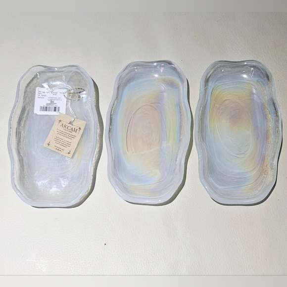 Akcam Handmade Turkish Art Glass 3 pcs Iridescent Pearl Snack Serve ware New - Picture 1 of 7